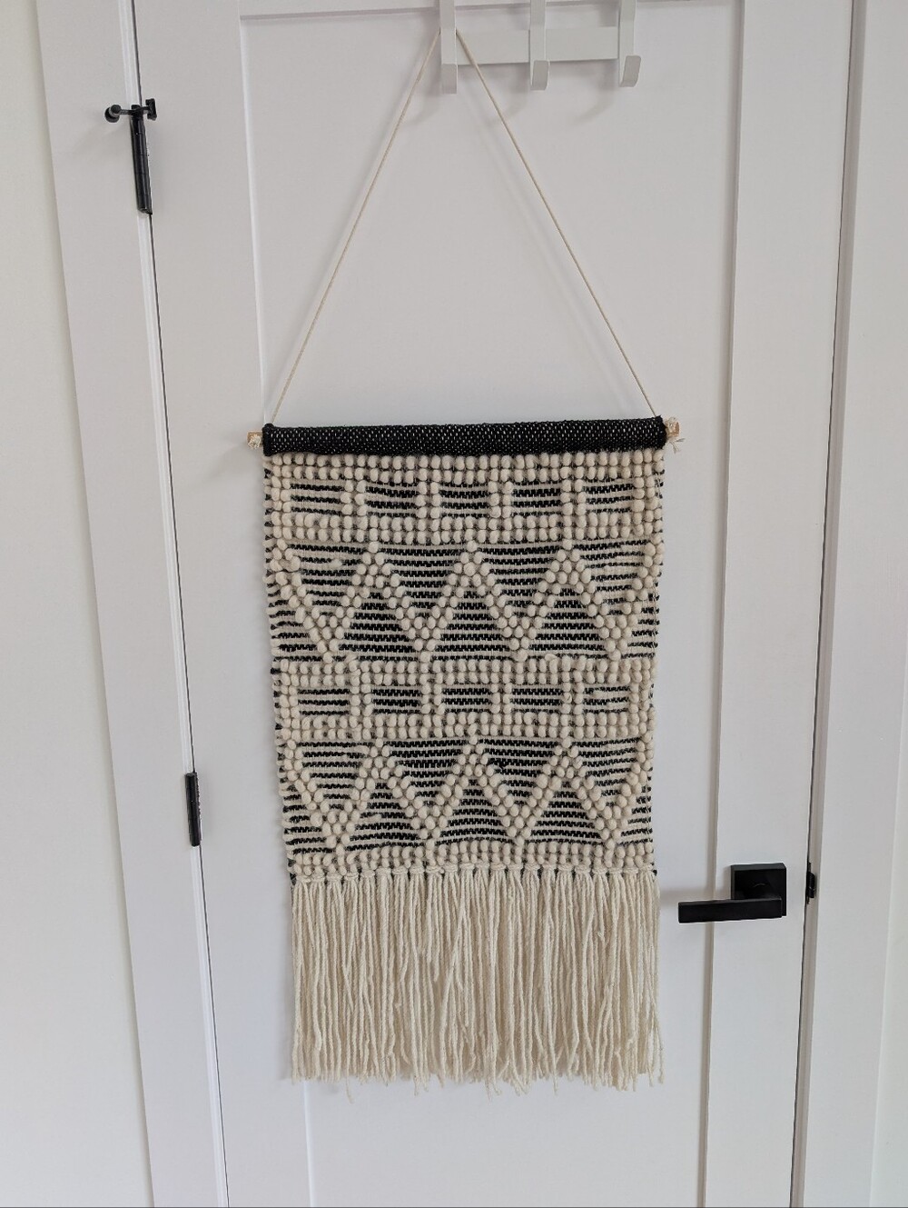 ✨4 for 12 Boho Woven Geometric Wall Hanging - Black & Cream Tapestry with Fringe
